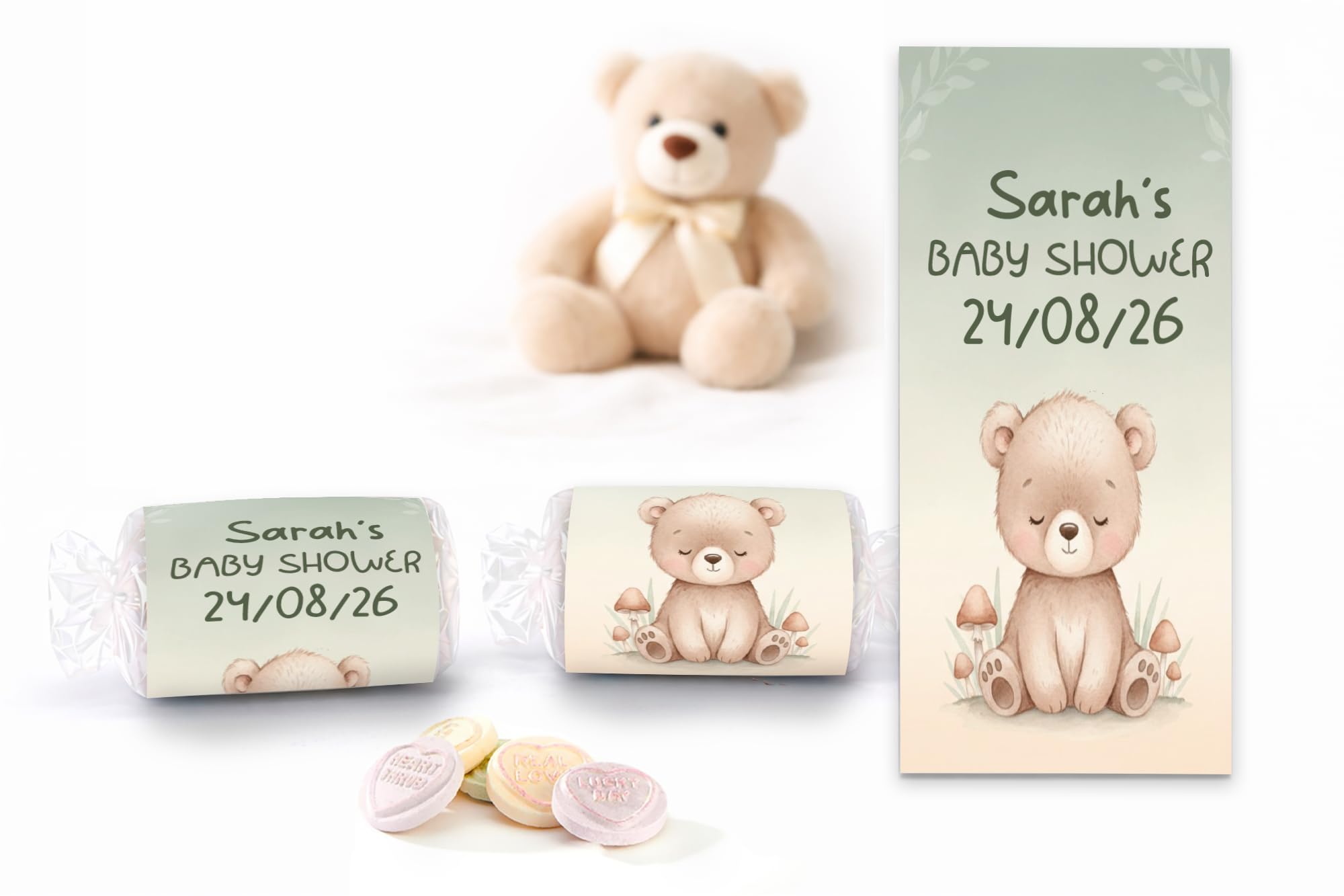 Personalised Woodland Baby Shower Love Hearts Sweets, Custom Wrapped Mini Love Hearts Favours, Pastel Storybook Bunny Design, Ready Wrapped Party Candy UK (23 Baby Bear)