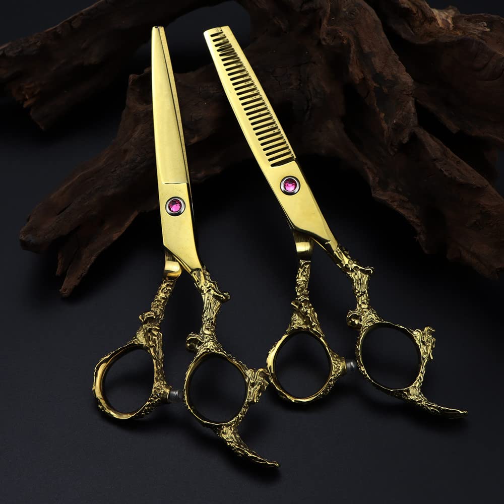 Tijeras de peluquería Profesionales de Acero de 15 cm con Mango de dragón Dorado para Cortes de Pelo y entresacado. Set de peluquería.