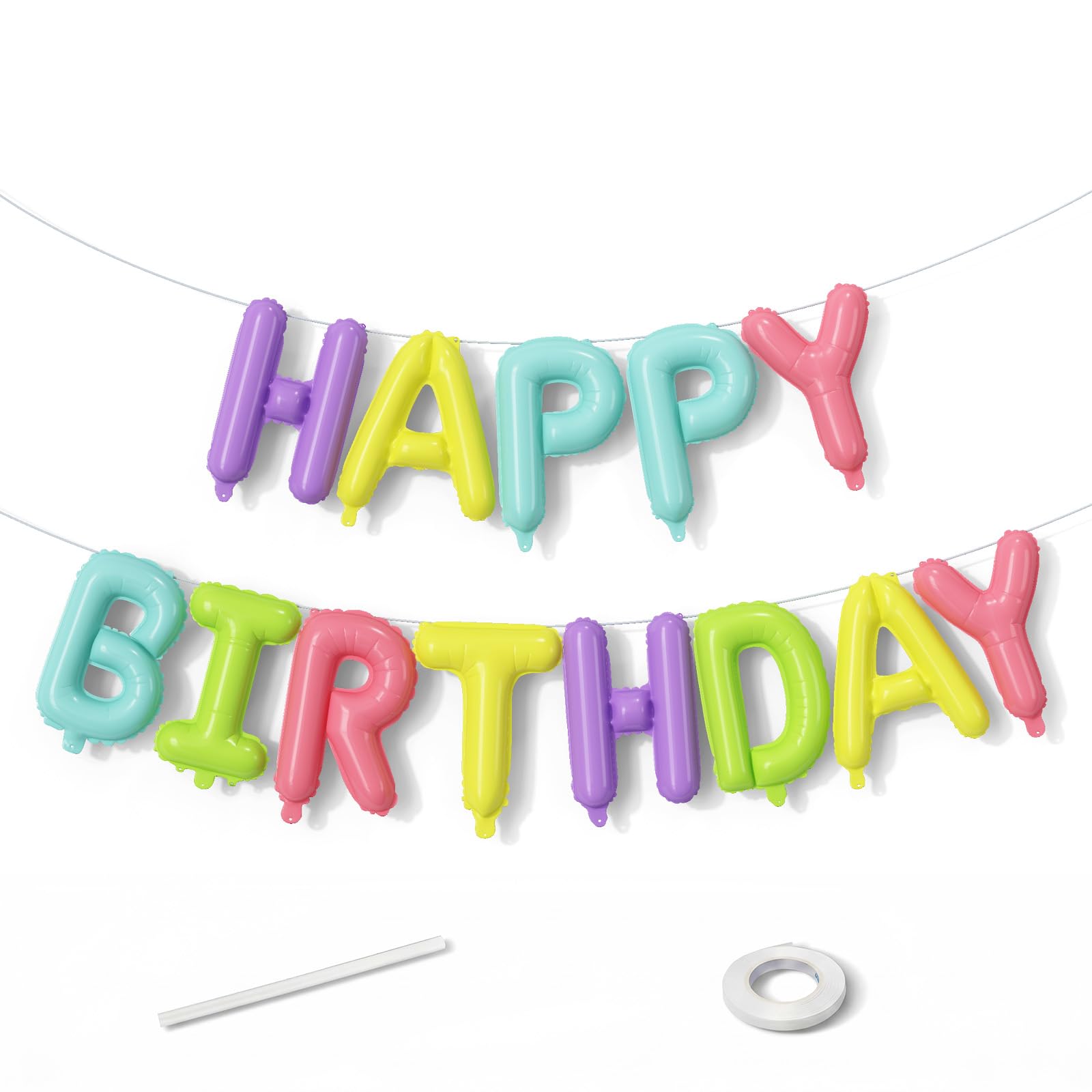 Happy Birthday Balloon Banner, 16 Inch Macaron Pastel Light Pink Teal Blue Green Purple Yellow Happy Birthday Letter Foil Balloons for Girls Women Birthday Rainbow Ice Cream Party Decorations Supplies