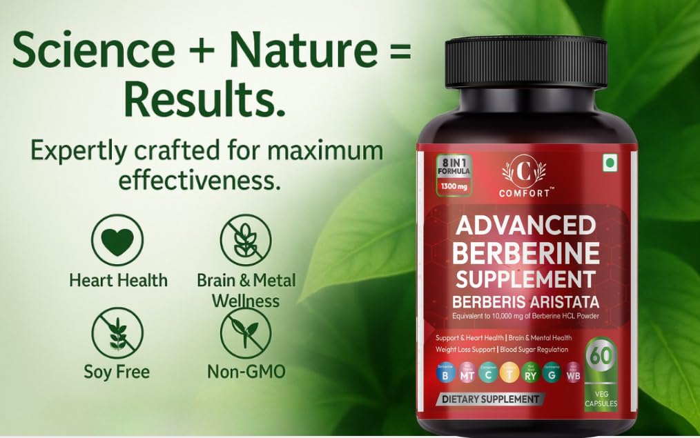 Comfort ADVANCED Berberine Supplement with Berberis 98% with Milk Thistle Aristata, 8-in-1 Formula, HCL 98% Herbal Formula for Imunity, Blood Sugar Control, Weight Management and PCOS suppor 60 Veg Capsules,1300mg Per Serving Non-GMO & Gluten Free (60) - Image 2 thumbnail