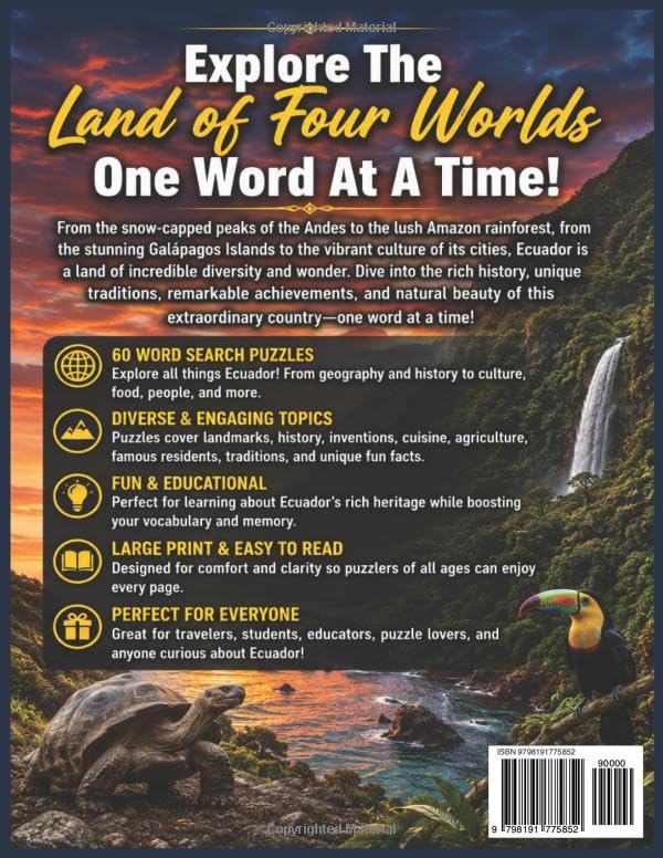 Ecuador Word Search Puzzles: For Kids and Adults of All Ages! | 8.5x11 inches | 60 Puzzles | Large Print | Easy to Read (Countries of the World) image 3