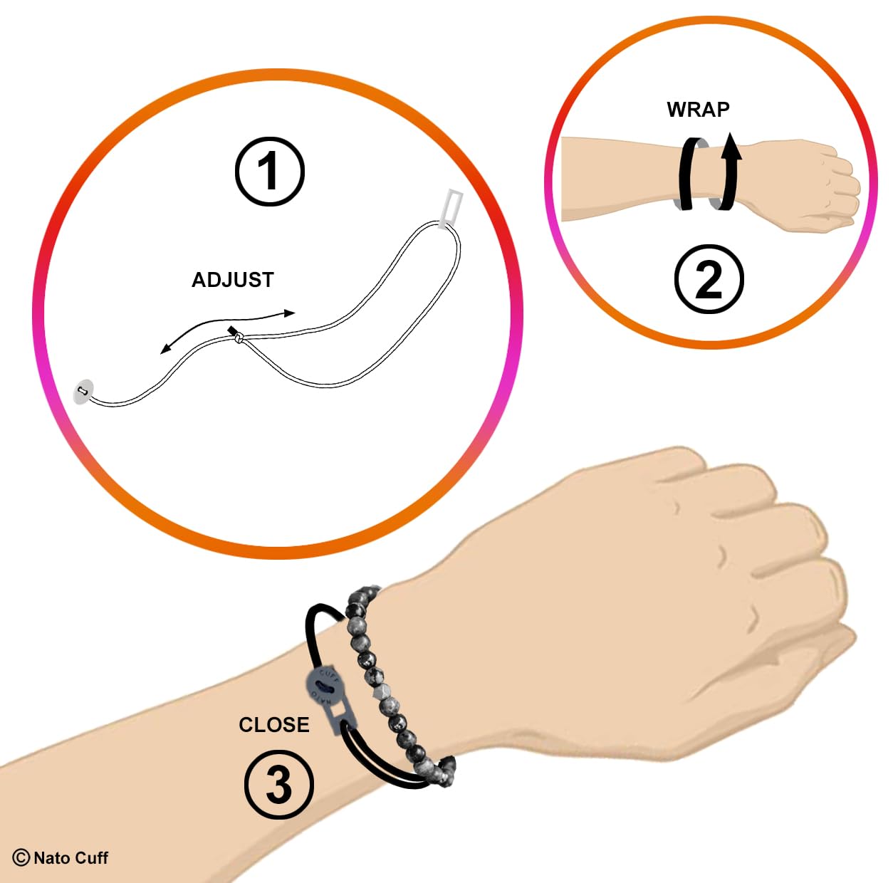 Nato Cuff - Bransoletka Wrap Toggle ze srebra próby 925 - kamienie naturalne - Paracord, biżuteria dla mężczyzn lub kobiet, ręcznie robiona we Francji, Moyenne, Srebro, Ametyst