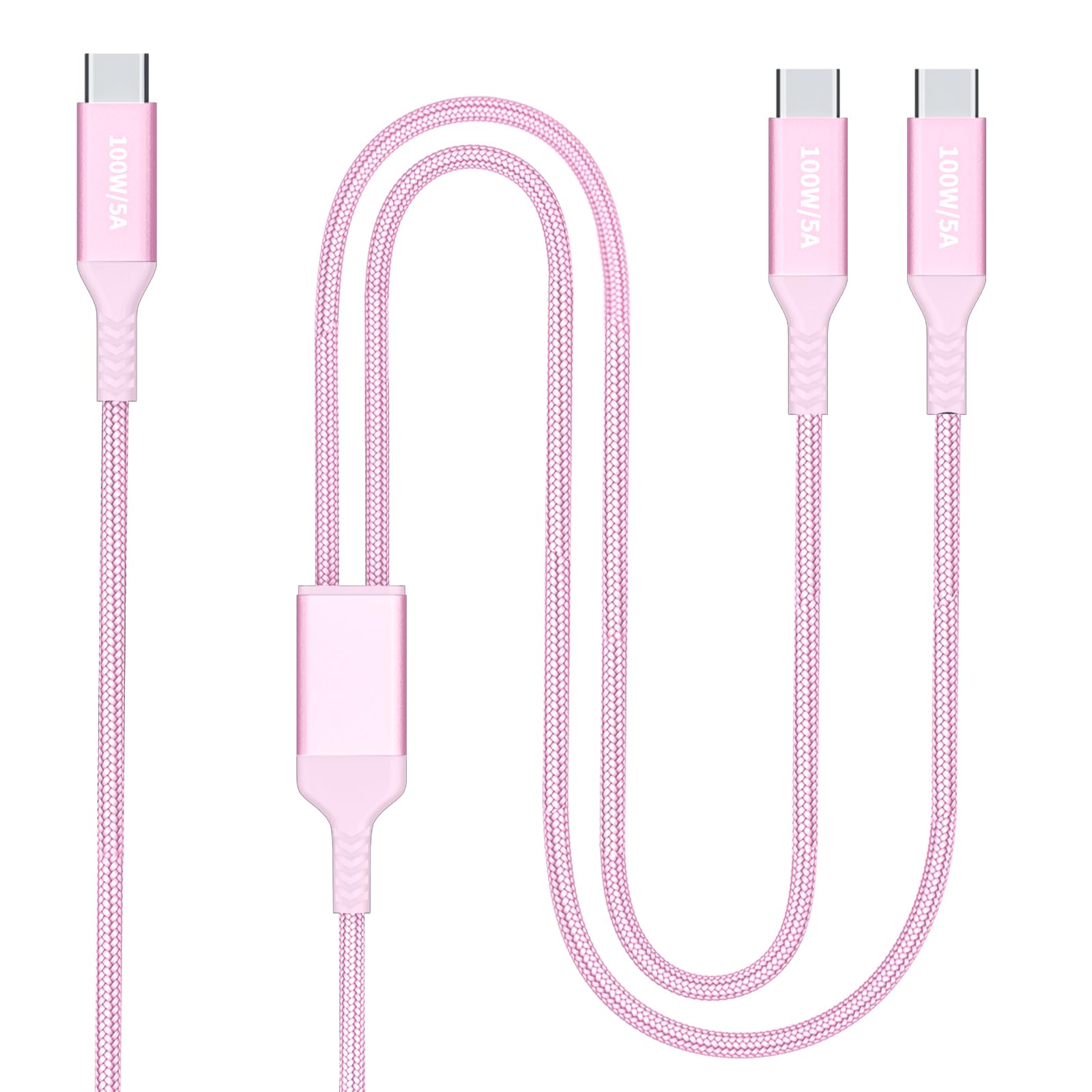 100W 2-in-1 USB-C Cable 4FT Pink, Dual USB C 5A Fast Charging, Splitter Multi USB Type C Charge for MacBook Air, iPhone 15 Plus/Pro Max, iPad Pro,