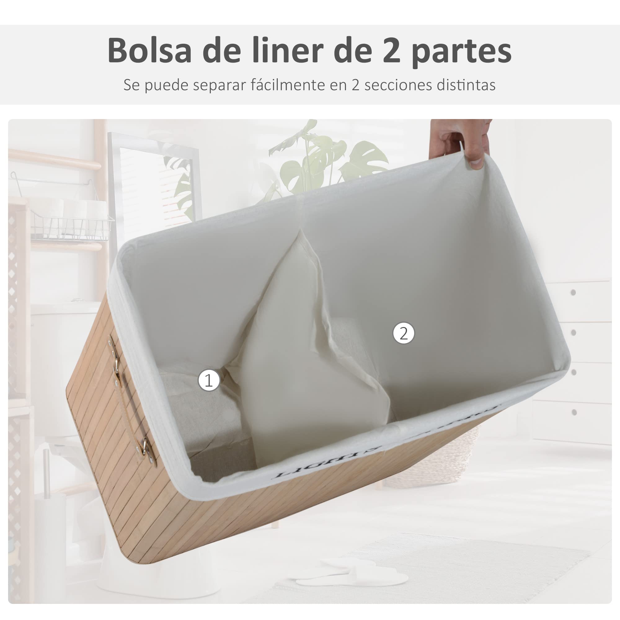 HOMCOM Cesta para Ropa Sucia de Bambú 100 L con Tapa Bolsa con 2 Compartimentos Extraíble y Lavable 52x32x63 cm Natural