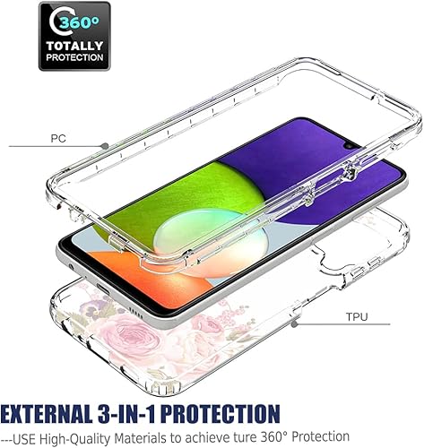 Miniatura 10 de Funda para Galaxy A22 4GM32 4G SM-A225F con protector de pantalla de vidrio templado, cuerpo completo, diseño floral, a prueba de golpes, funda