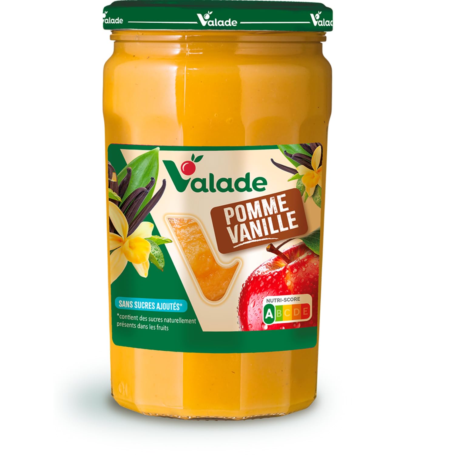 VALADE Compote pomme vanille sans sucres ajoutés 630g, pot en verre, fruits biologiques, saveur délicate et authentique du terroir - Lot de 4