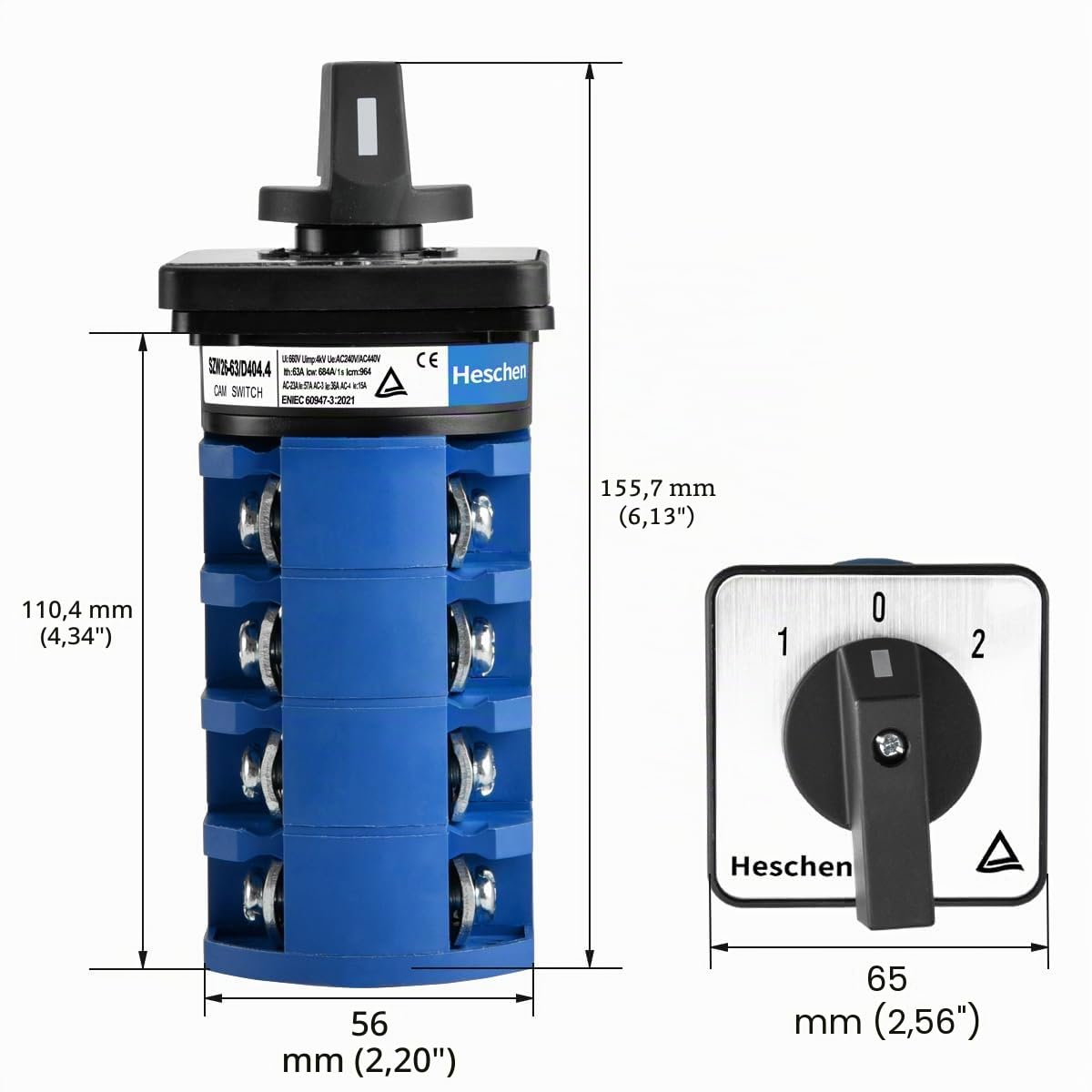 Heschen Commutateur rotatif universel SZW26-63/D404.4 660 V 63 A ON-OFF-ON 3 positions 4 phases 4NO+4NC 16 bornes CE