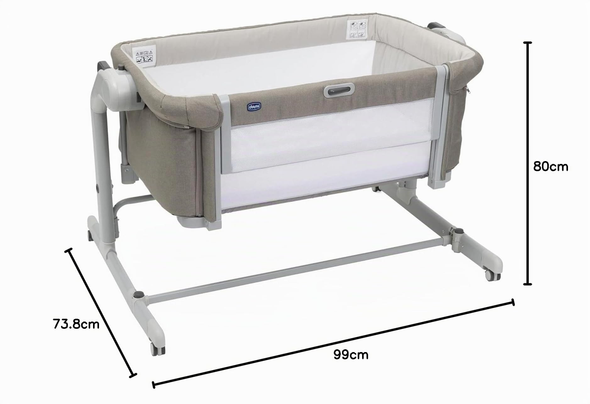 Chicco Next2Me Magic Evo, Berceau Bébé Cododo, Lit Bébé Cododo, avec Mode Balançoire, Rail Ouvrable, 11 Niveaux de Hauteur, Réglable en Hauteur, 4 Roues, Matelas et Sac de Voyage Inclus, Beige
