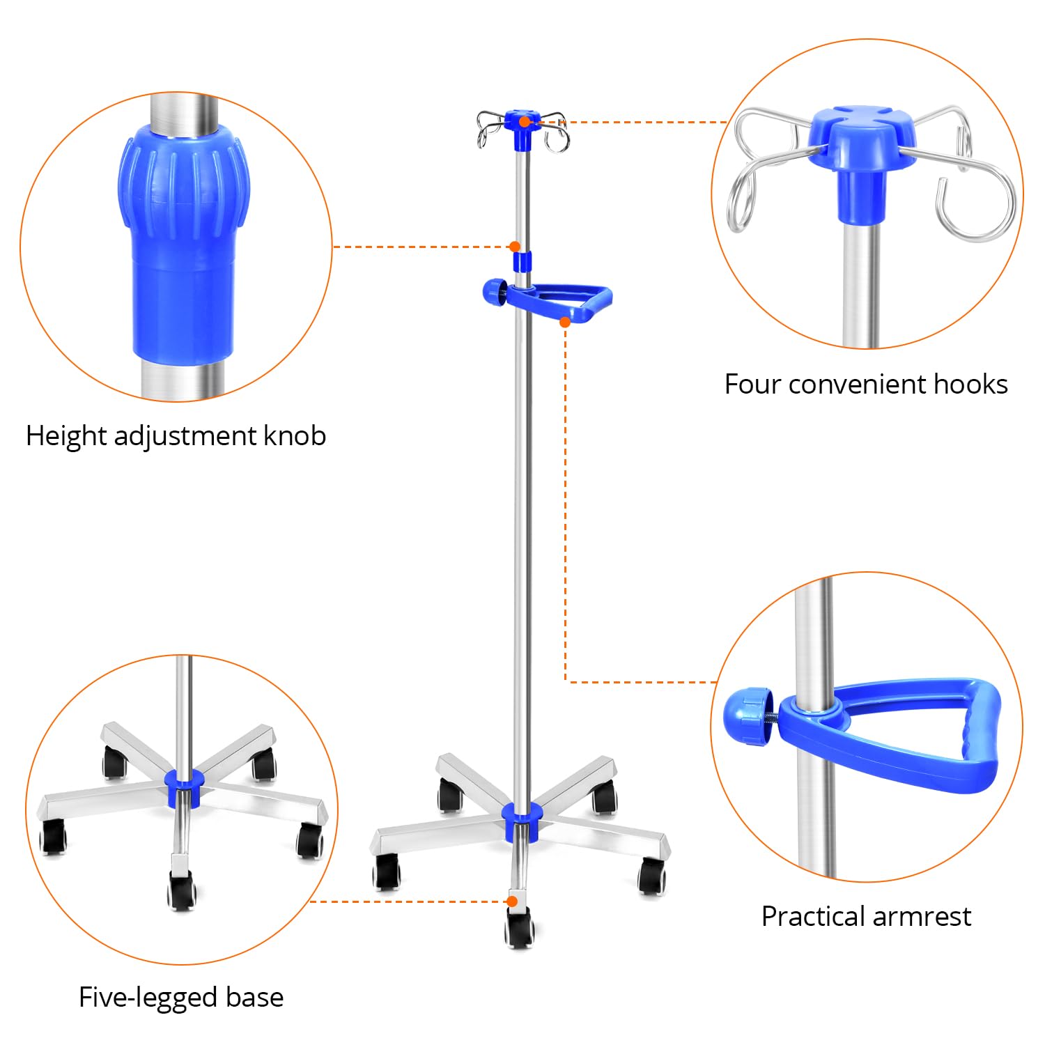 QWORK® Supporto regolabile in acciaio inox IV Drip Stand, Drip Stand con maniglia e ruote per ospedale e assistenza domiciliare
