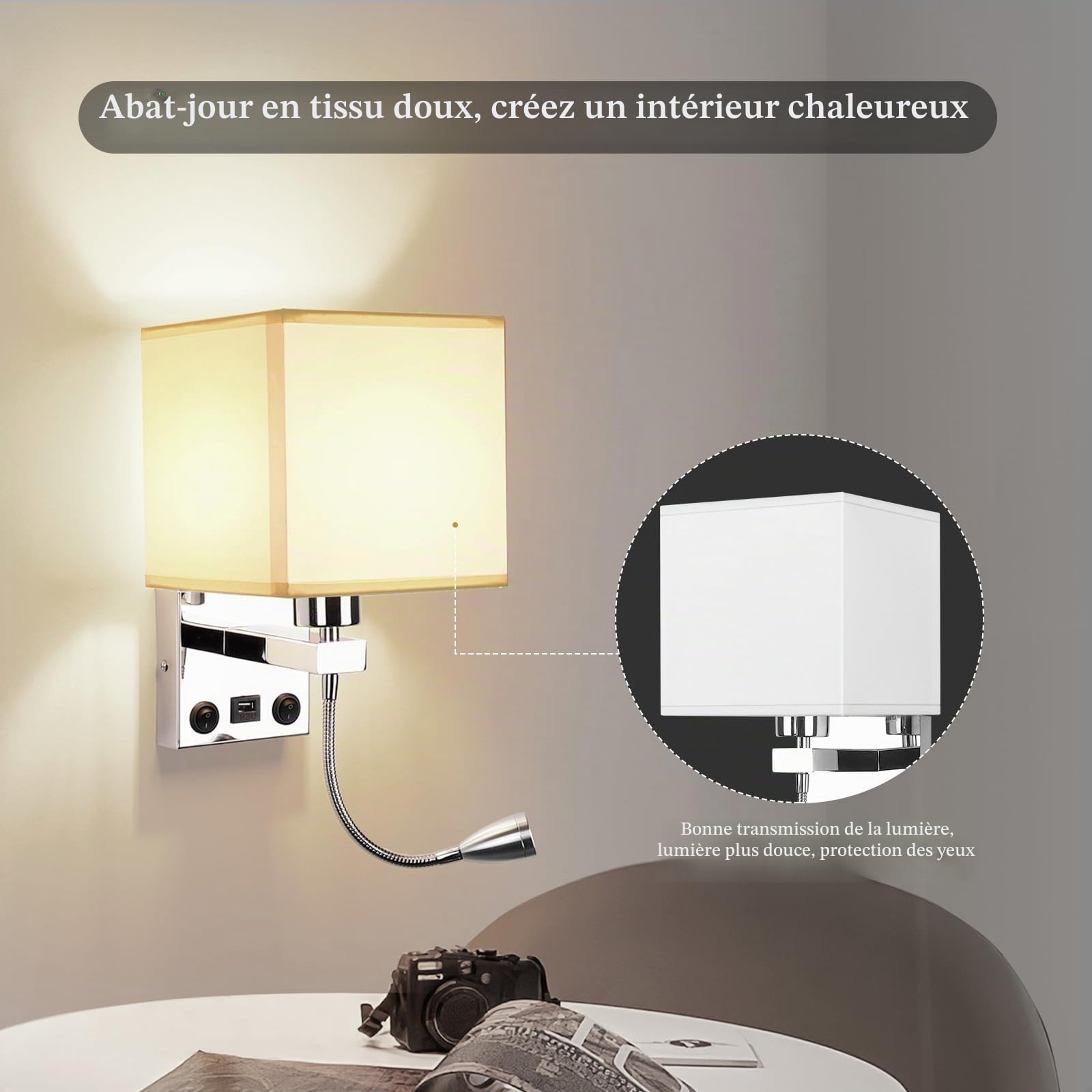 ALLOMN Applique de Chevet, Applique de Lecture à LED Applique Murale Moderne en Chrome Poli avec Projecteur Ajustable à col de Cygne, Interrupteurs Doubles, Avec Port USB pour Charger E27 (USB 1 PCS)