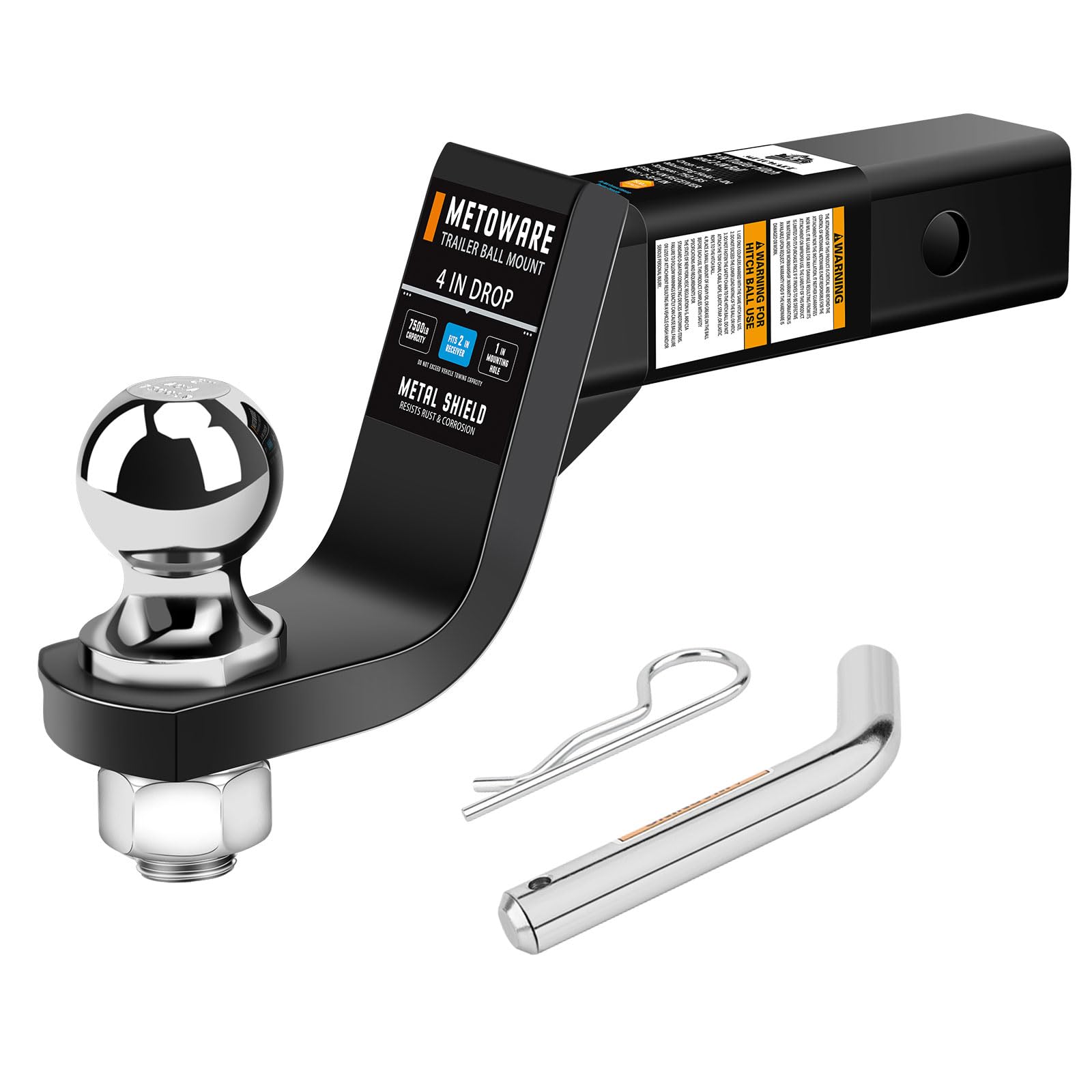 METOWARE Trailer Hitch Mount with 2 in Ball & 5/8" Hitch Pin, Solid Steel Trailer Hitch Ball Fits 2 Inch Receiver, 4-Inch Drop, 7500lbs Capacity Ball