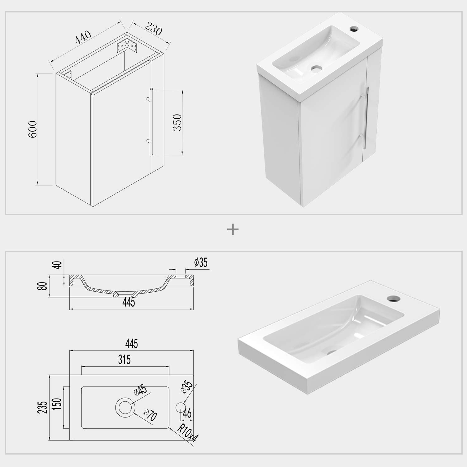 AICA sanitaire Meuble Lave-Mains Moderne à Suspendre avec lavabo, Meuble de Rangement avec Une Porte et 2 étagères 45cm / Blanc