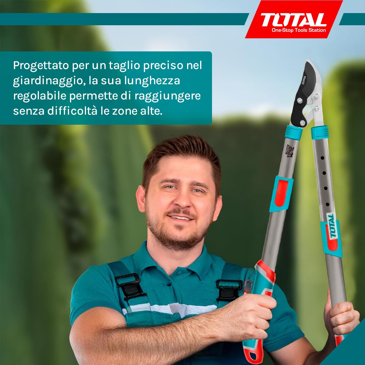 TOTAL - Forbici da potatura telescopiche - 25 x 19,5 x 8,1 cm - Blu - Lunghezza 670-880 mm - Forbici da potatura telescopiche per taglio in giardino