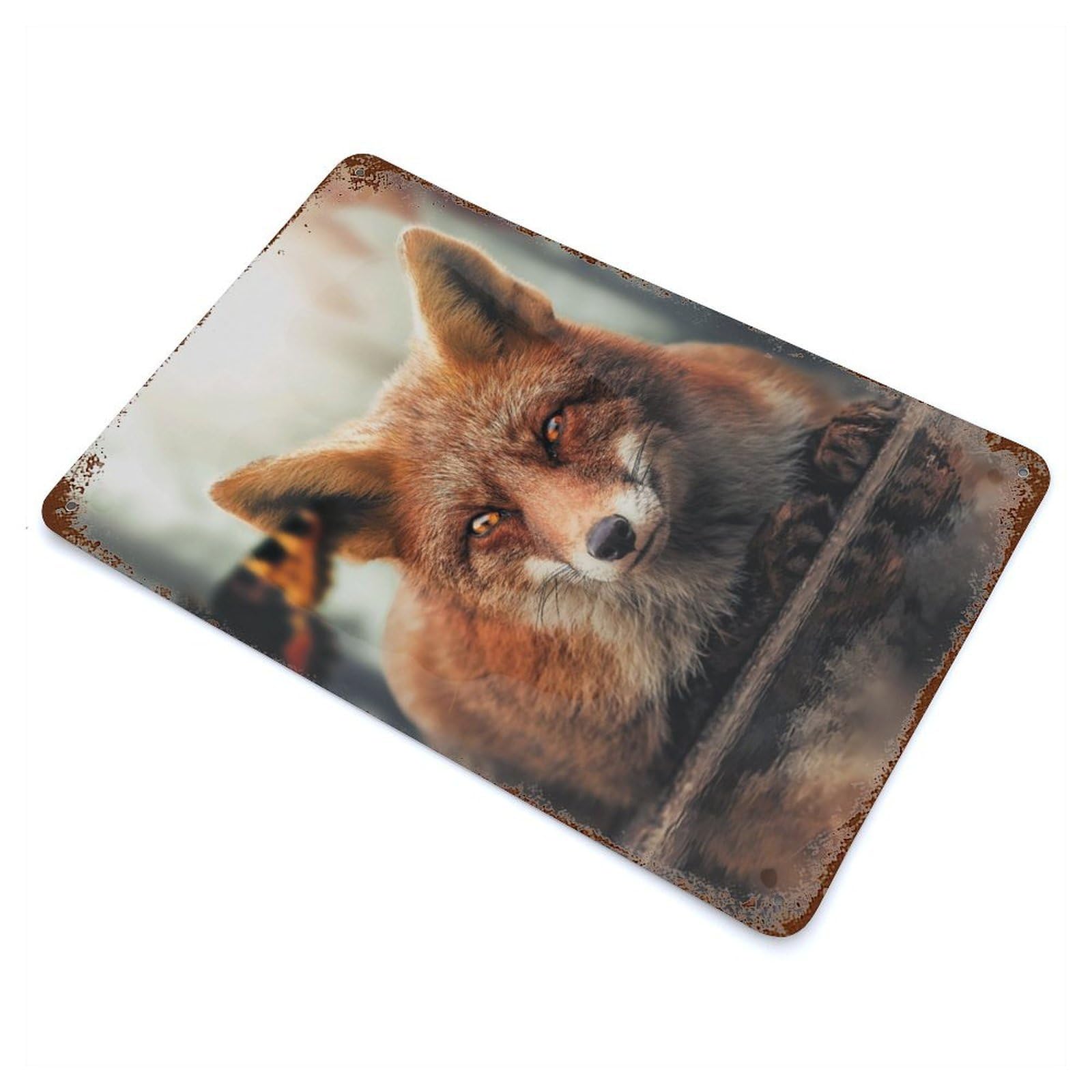 Garage Style The Fox And Butterfly Rusty Metal Tin Sign 11.8"x7.9", Industrial Home Decor for Bar And Workshop