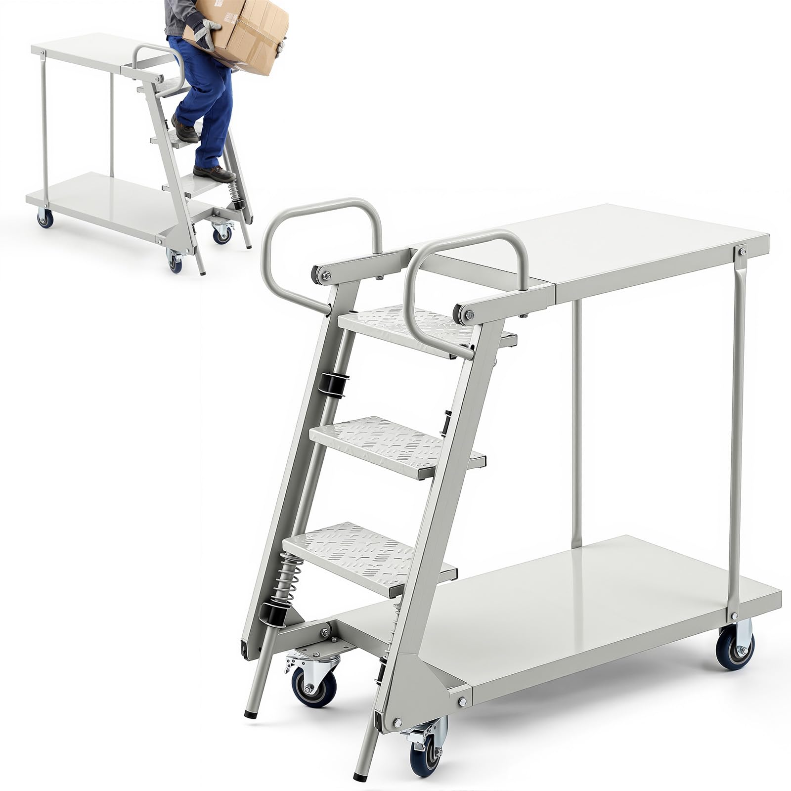 Photo 1 of BreezeHug 3 Step Heavy Duty Rolling Ladder Mobile Supermarket Rolling Stairs with Wheels Handrails 41x20x40 Inch Steel Work Platform Cart 660lbs Capacity for Warehouse Garage Home Retail Grocery