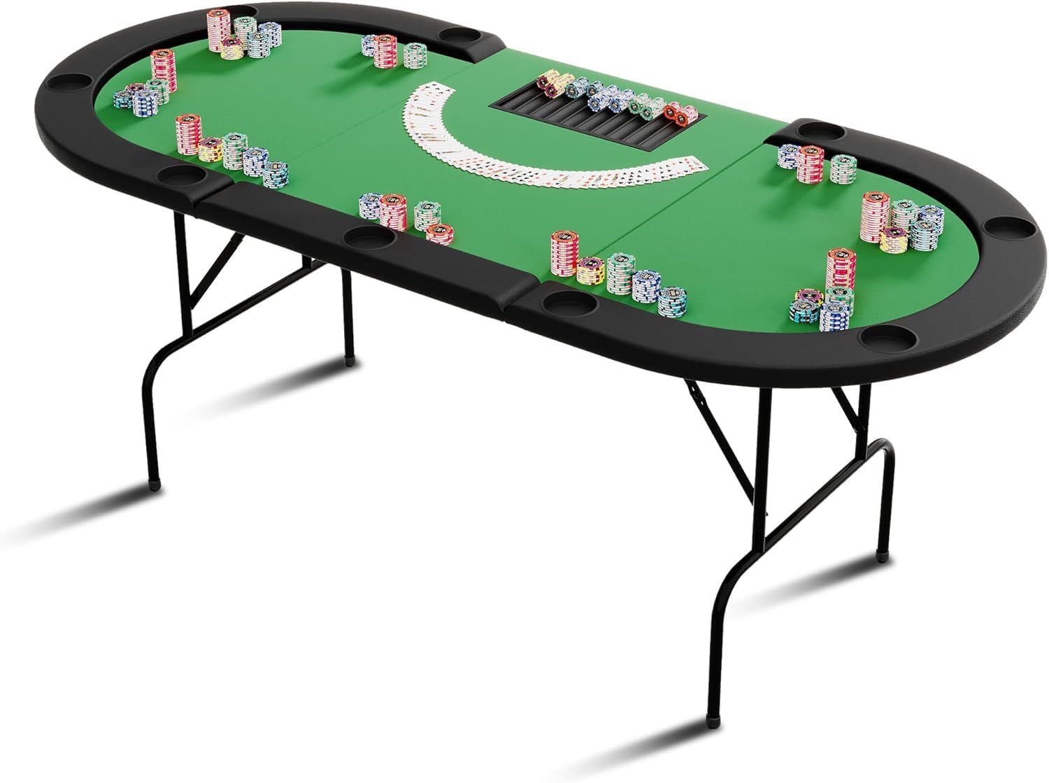GarveeHome 10 Player Poker Table Oval Shape Casino Style Gaming Table with 9 Deep Cup Holders Water Resistant Surface Foldable Legs Portable Card Table Green