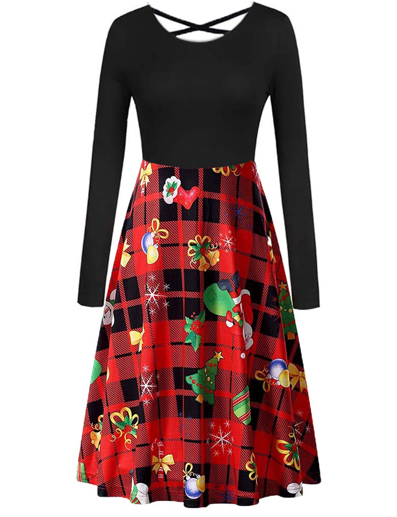 Women's Christmas Santa Claus Party Cocktail Dress Casual Long Sleeve Round Neck Tunic Dress (M, Red)