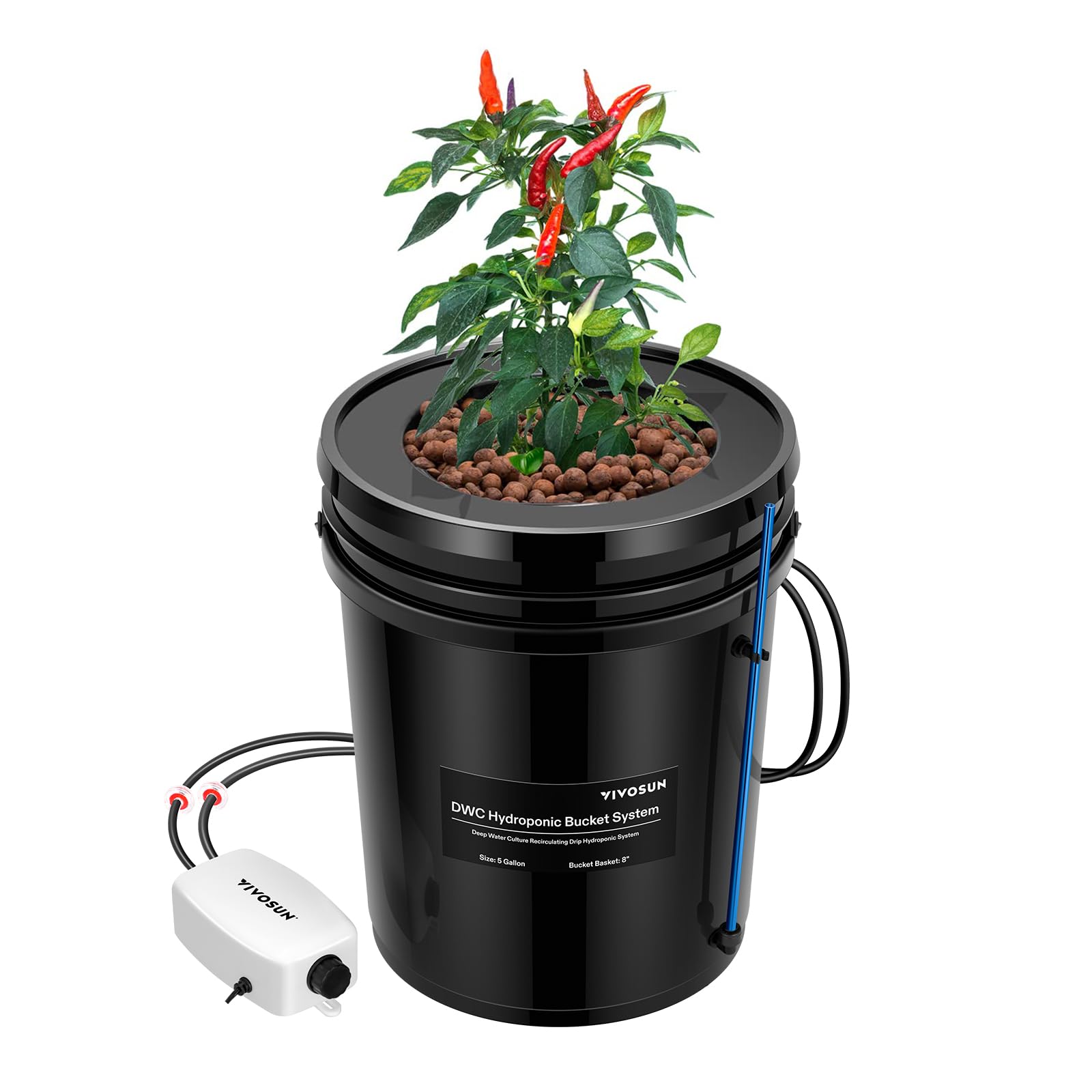 DWC Hydroponics Grow System with Top Drip Kit, 5-Gallon Deep Water Culture, Recirculating Drip Garden System with Multi-Purpose Air Hose, Air Pump, and Air Stone (1 Bucket + Top Drip Kit)