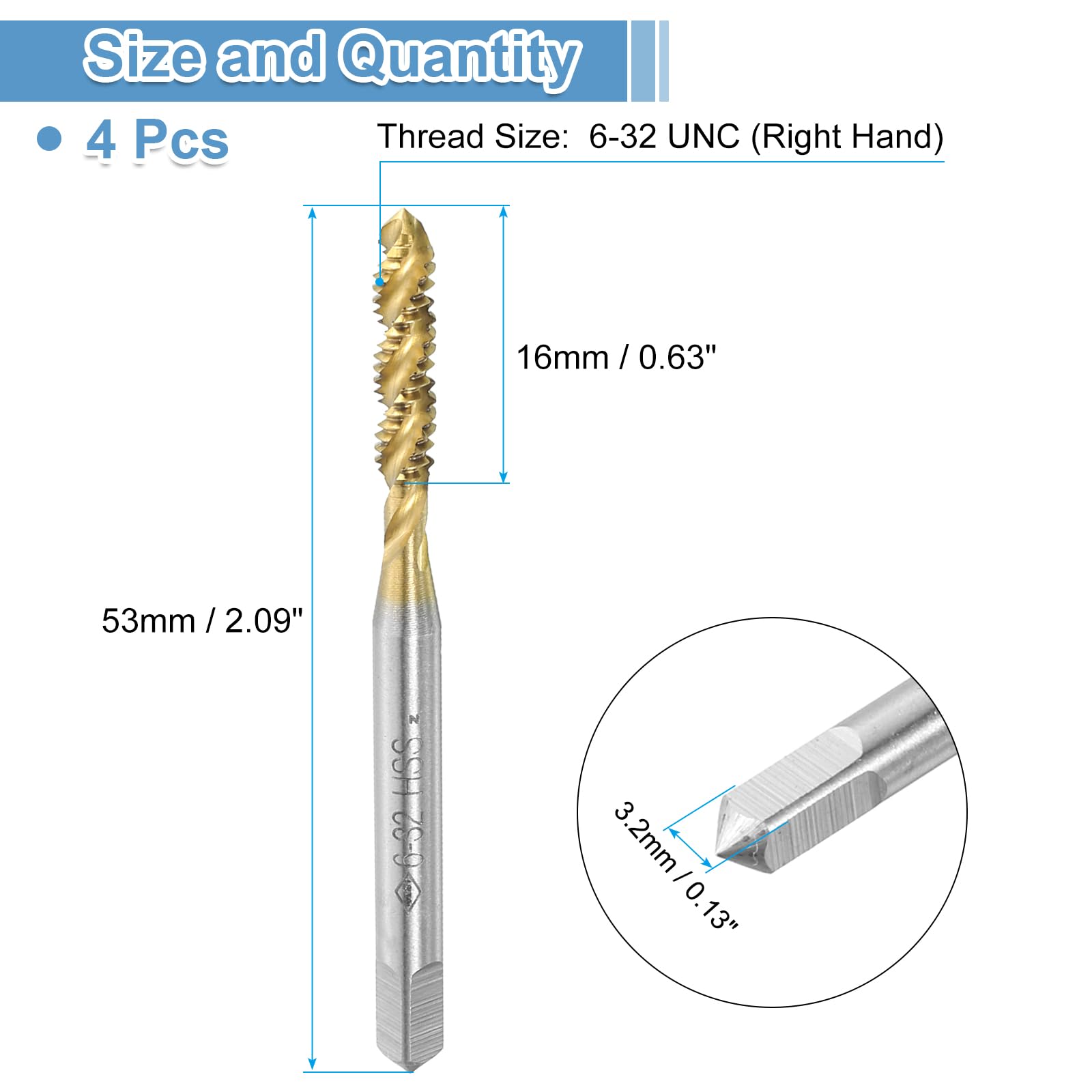 6-32 UNC Spiral Flute Thread Taps - Titanium Coated -2