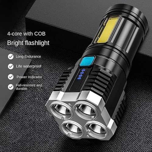 SteJar Latarki LED wielokrotnego ładowania, 4 rdzenie, super jasna latarka, 4 tryby z oświetleniem roboczym COB, wodoodporna, wydajna ręczna lampa błyskowa w nagłych wypadkach, wędrówki, kemping