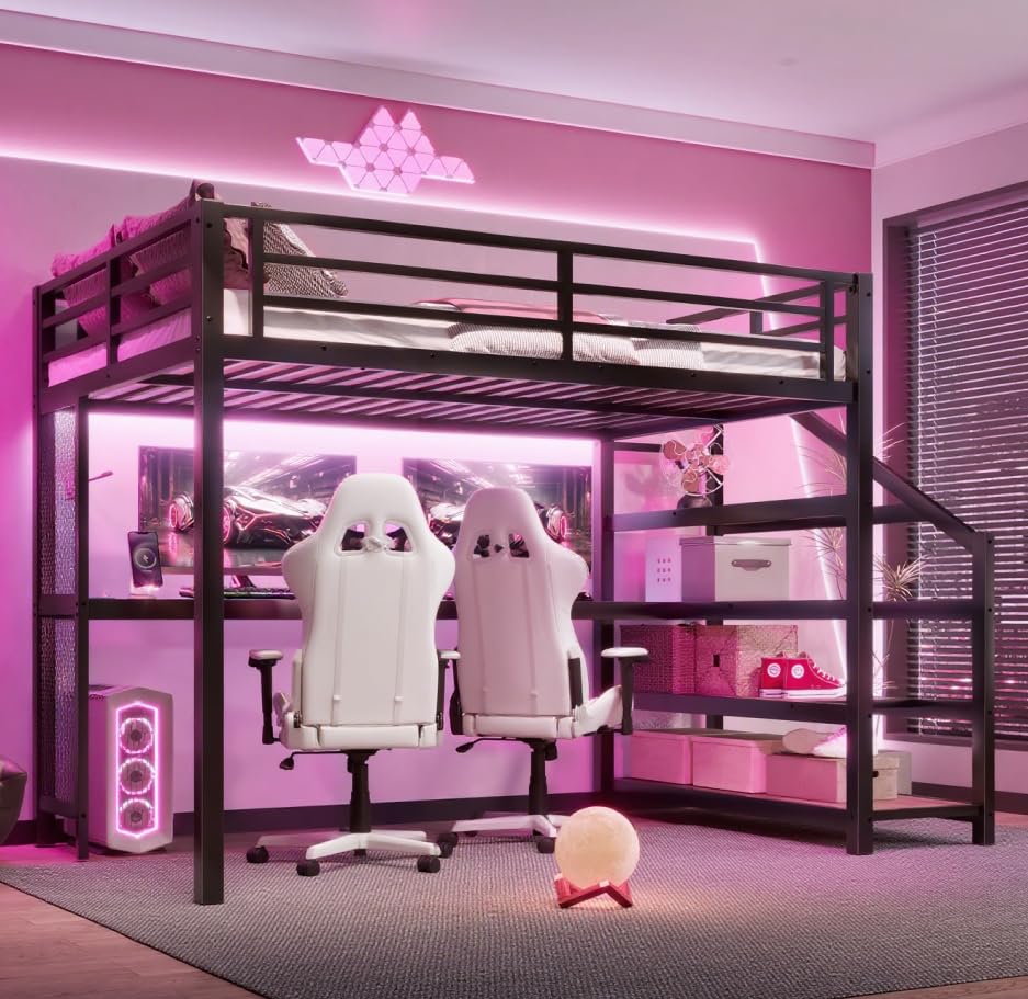 Bellemave Full loft Bed with Storage Stairs, Shelves, Metal Full Loft Beds with LED Lights, USB Ports, Multifunctional Iron Nets for Adults, Kids,