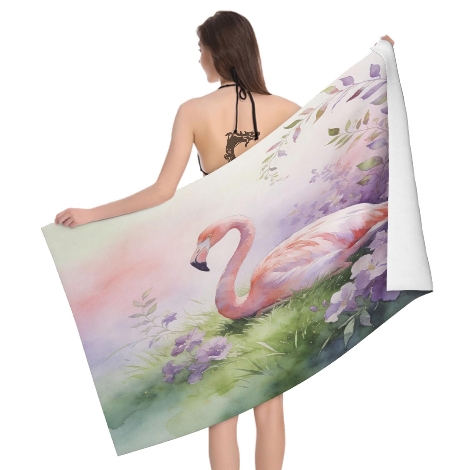 Leichong 3D Flamingo Beach Towel Microfiber Soft Quick Dry for Adults, Watercoloring Bath Towel Lightweight Soft Absorbent for Travel Swimming Pool Sports, 75 x 150 cm