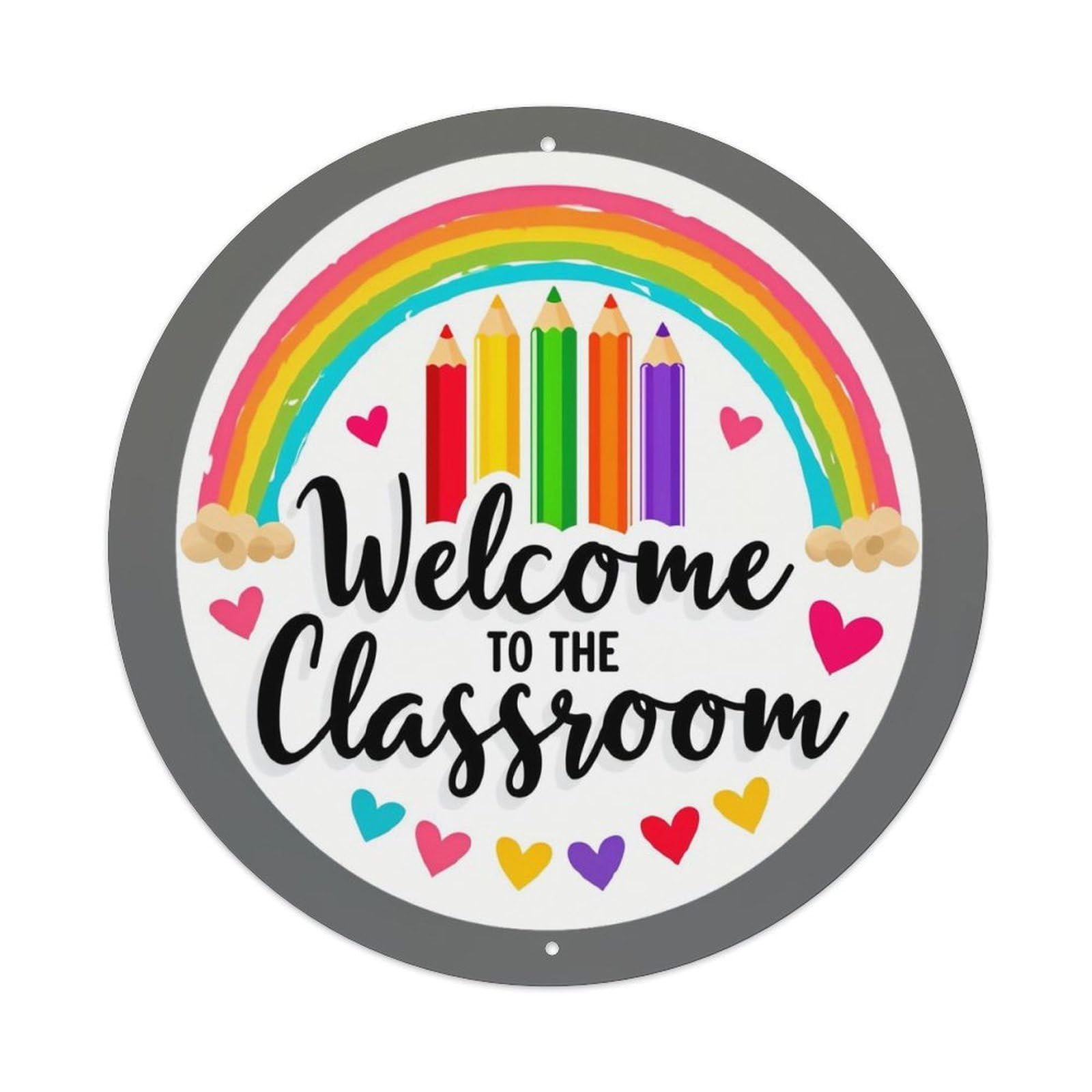 Rainbow Pencils Hearts Welcome Classroom Vintage Round Tin Sign Retro Metal Wall Decor Metal Poster, Home Bar Garage Cafe Wall Art Decoration 8x8Inches