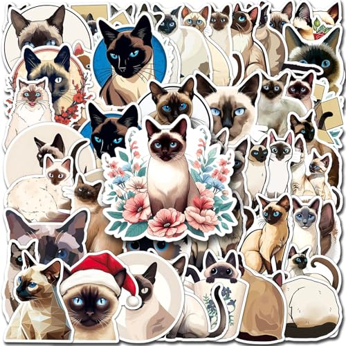50Pcs Siamese Cat Stickers Funny Cat Happen Vinyl Waterproof Sticker