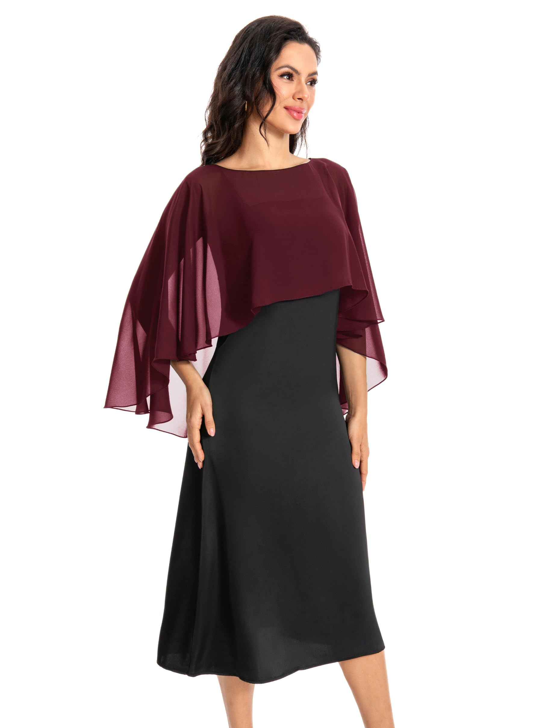 Baoqiya Women's Capelet Shawls and Wraps for Evening Dresses Soft Bridesmaid Shawl Chiffon Cape Wedding Cover Up, Burgundy, One Size