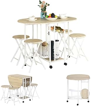 Comprar GOKHOMX Juego de mesa de comedor plegable y 4 sillas, mesa de cocina, pequeño espacio con 4 sillas, comedor plegable, con ruedas y almacenamiento para cocina, salón Bistrot, terraza, roble
