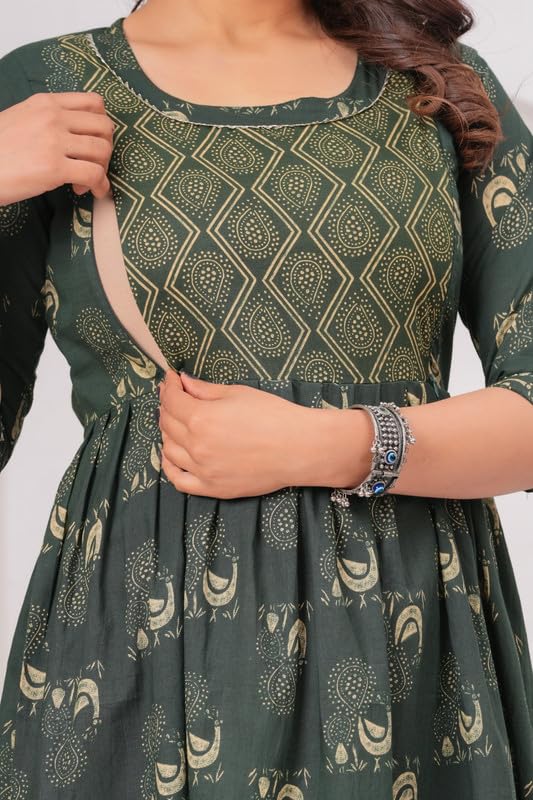 Image of Women Feeding Kurti for Women Cotton Maternity Kurta with Nursing Zip for Pre & Post Pregnancy