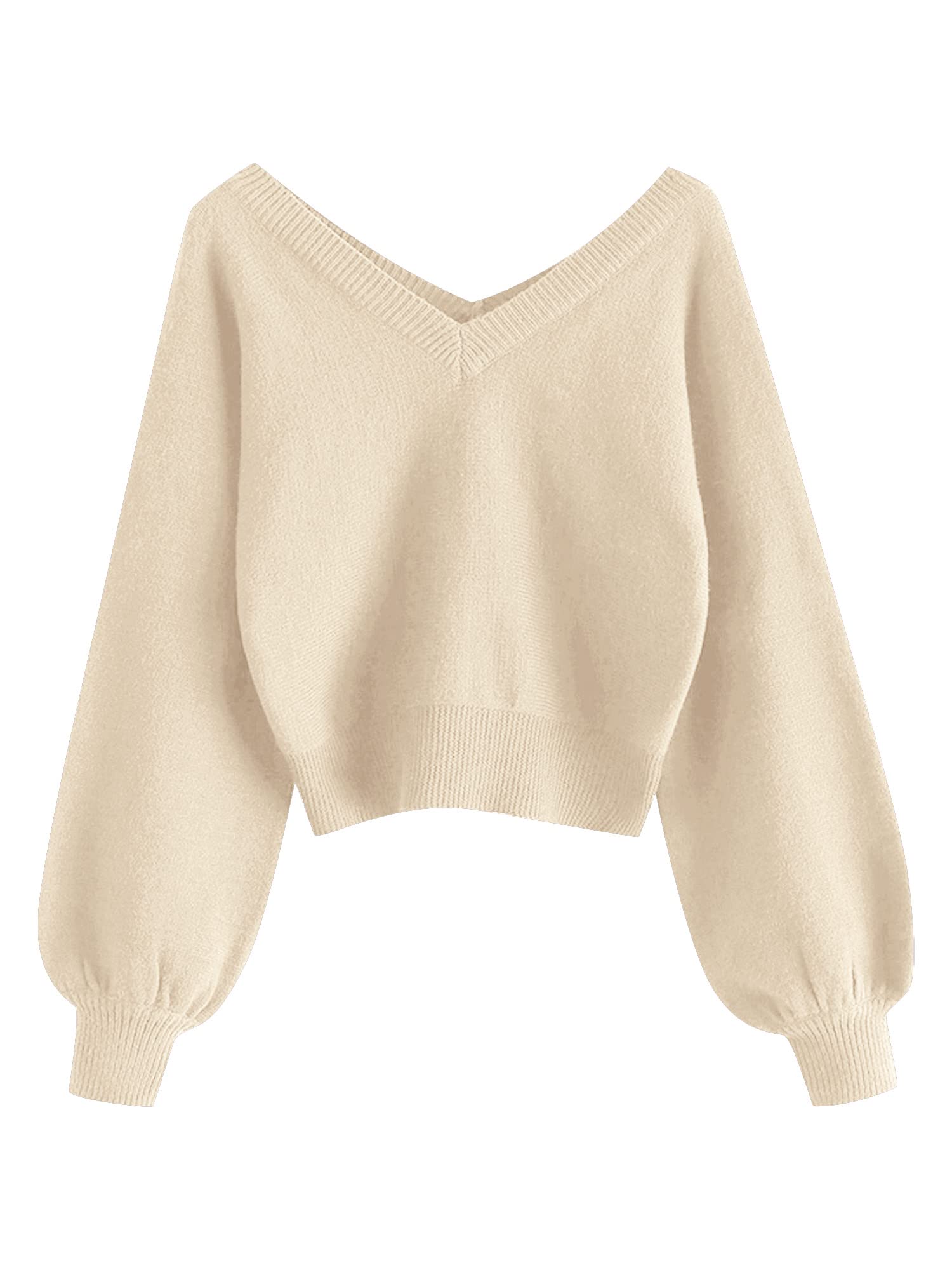 ZAFUL Womens Cropped Sweater V-Neck Long Sleeve Crop Sweater Pullover Jumper Knit Top