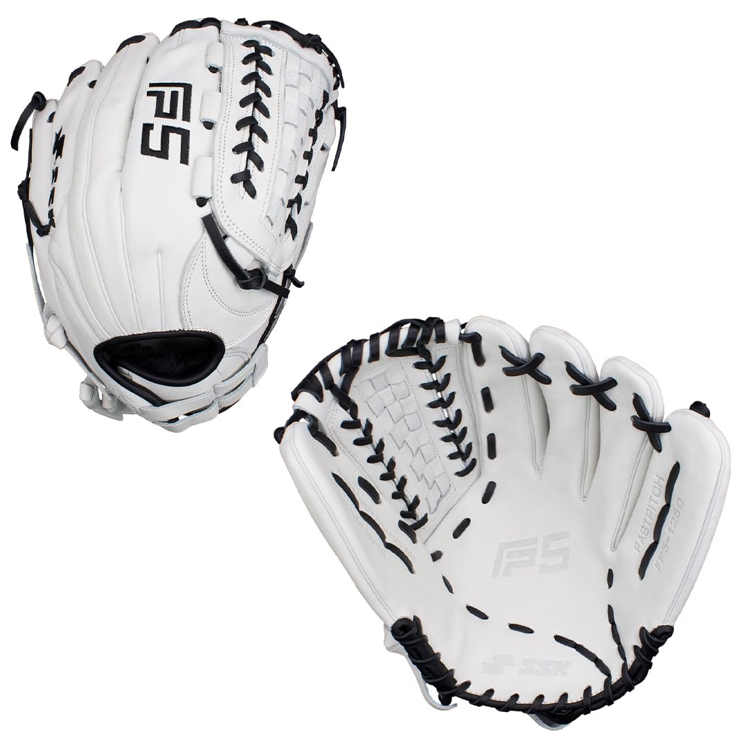 SSK FP5 Fastpitch Softball Glove – Infield - Outfield - Pitcher – 11.5”-11.75”-12”-12.25”-12.5”-12.75”-13”– Right & Left Hand Throw (White/Black - Laced Basket Web, 12.5
