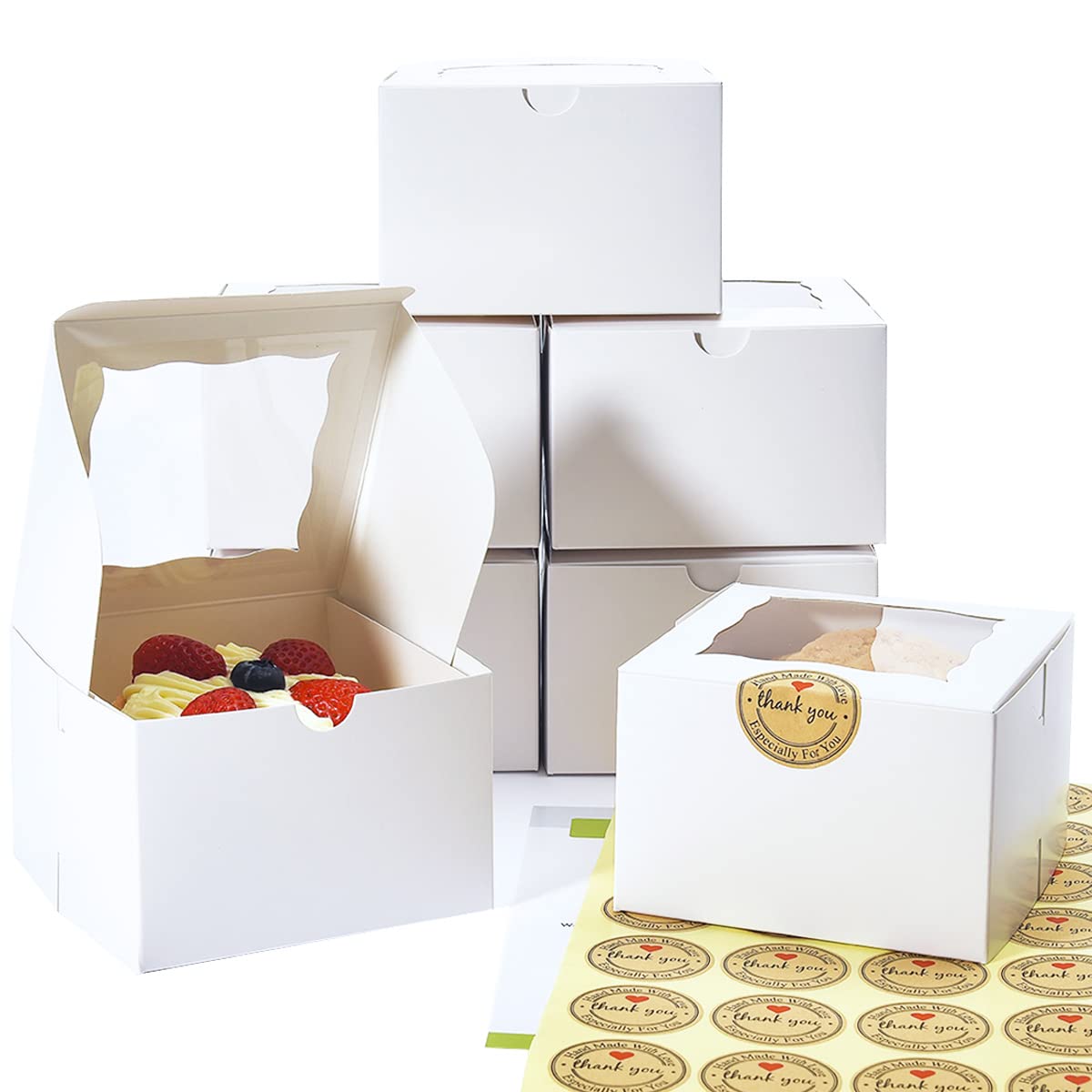 Cookie Boxes with Window 4.5x4.5x3 Inch[50 Pack] Premium White Bakery Boxes,Mini Treat Boxes, Pastry Boxes for Mini Bundt Cake and Individual Cheesecakes