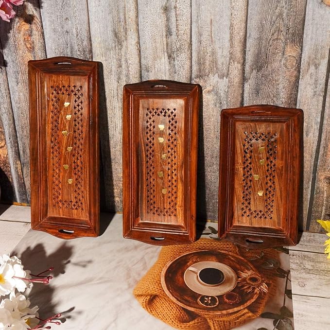 Image of Wooden Breakfast Trays Made of Natural Wood in a Modern Style with Cutout Handles for Food in Large, Medium, and Small Brown (Set of 3)