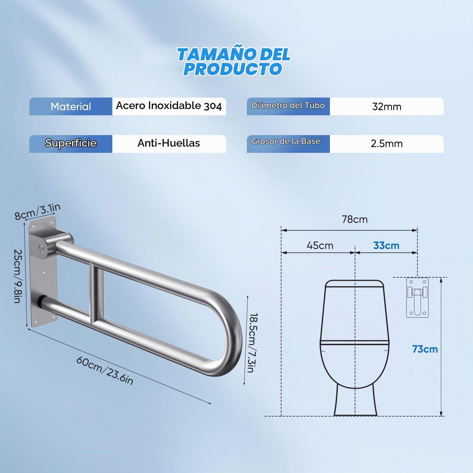 60cm Barra Baño Minusvalido, Agarraderas Baño para Mayores, Acero inoxidable 304, Soporta de 150 kg, Barra De Apoyo WC para Ancianos,Embarazadas y Discapacitados