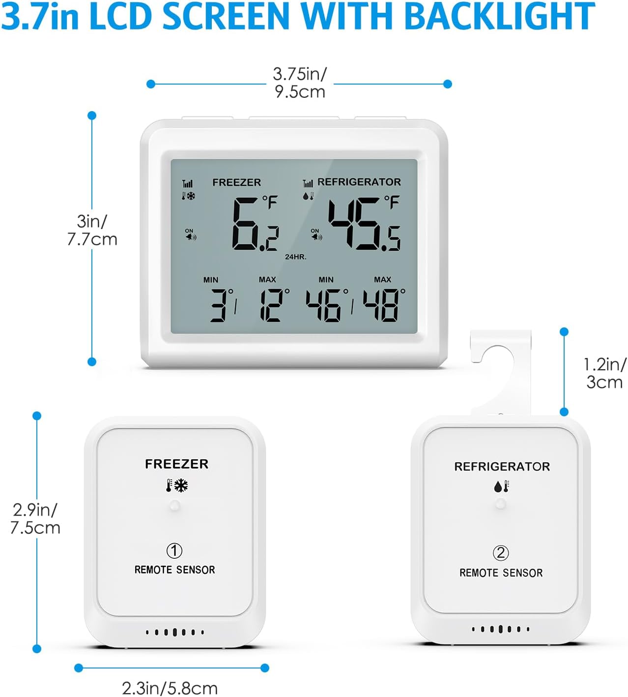 Dimensions of the AMIR Wireless Refrigerator Thermometer main unit and sensors