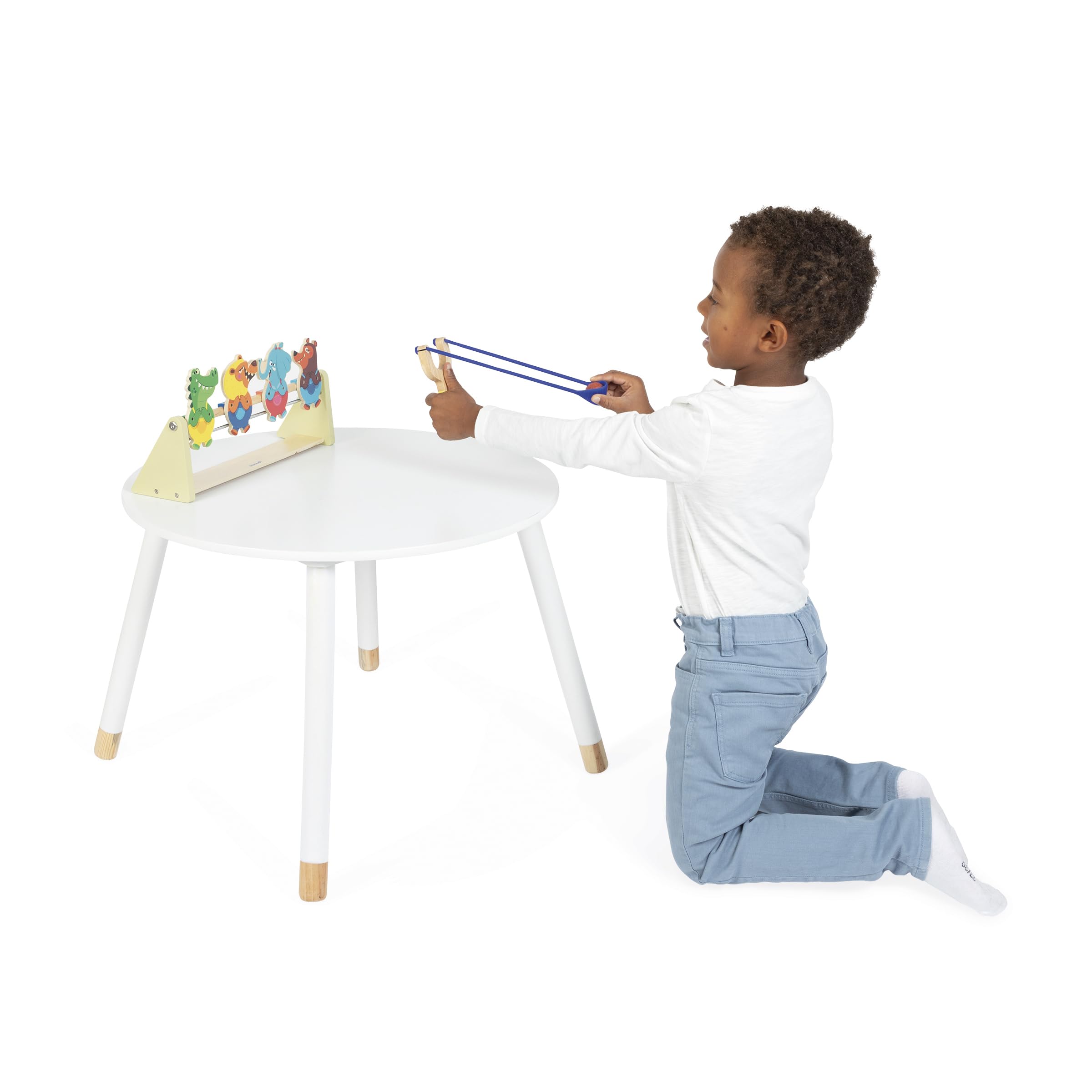 Janod Tiro a Segno in Legno per Bambini, Gioco con Bersaglio, 4 Personaggi, 1 Lanciatore, 2 Palline in Feltro, Sviluppa precisione e concentrazione, Giocattolo in Legno, da 5 Anni, J03372