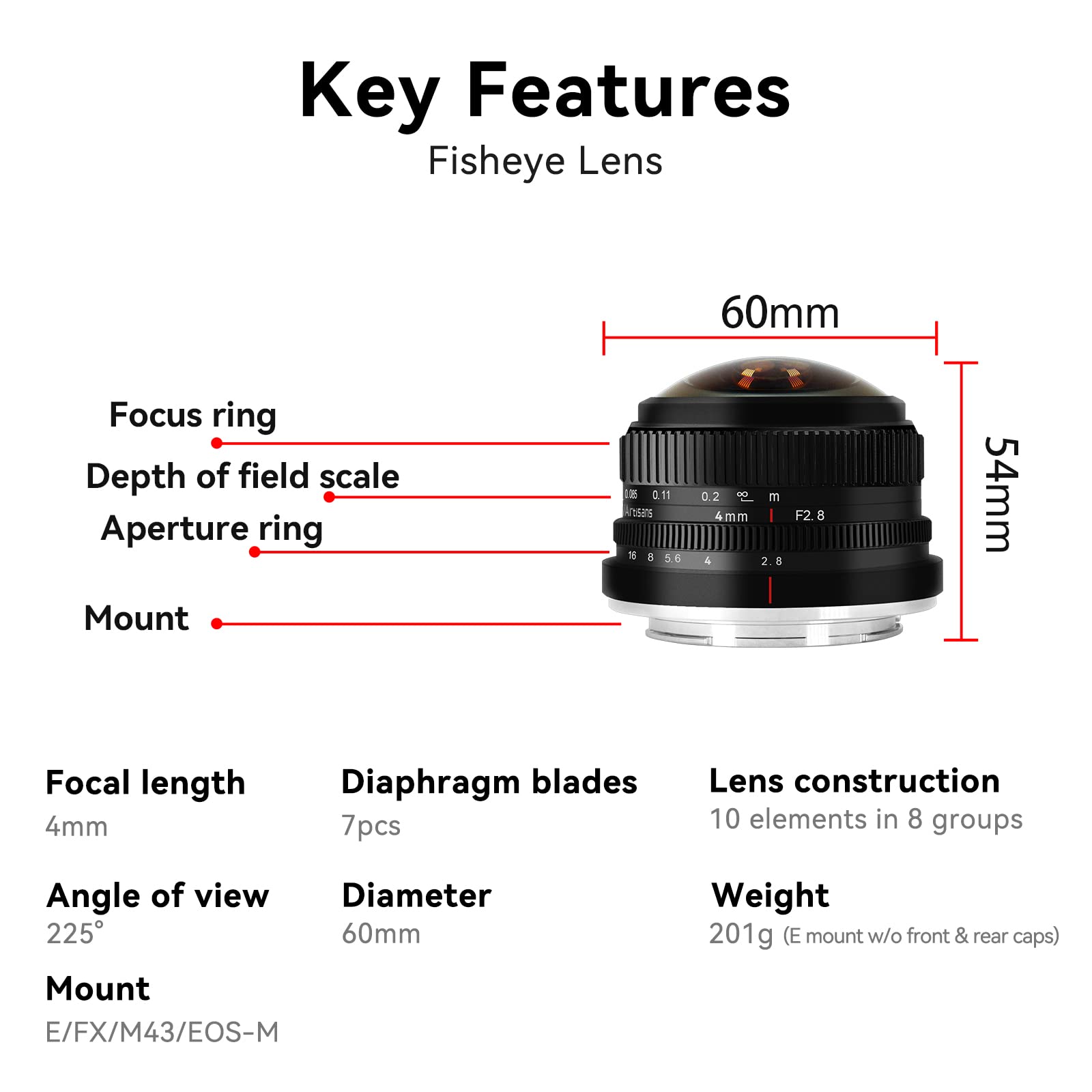 7Artisans Objectif Fisheye Ultra Wide Angle 4 mm F2.8 APS-C Manuel Focus Prime Lens Compatible M4/3 Mount Appareil photo sans miroir pour Panasonic GH3 GH4 GF1 GM1 GM5 pour Olympus E-M1 E-M5 E-M10