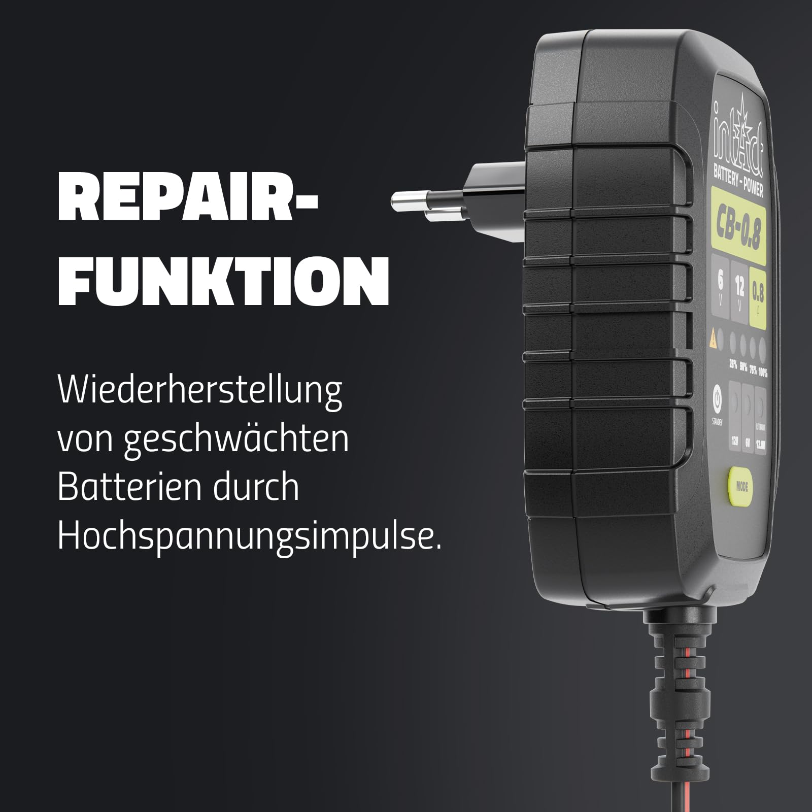 intAct ChargeBox Ladegerät für Motorradbatterien & Rollerbatterien | 0,8A Batterieladegerät für 6V und 12V Bleisäure- und Lithiumbatterien | Mit Erhaltungsladefunktion und Wiederbelebungsfunktion