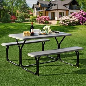 Giantex Picnic Table Bench Set Outdoor Camping All Weather Metal Base Wood Like Texture Backyard Poolside Dining Party Garden Patio Lawn Deck Furniture Large Camping Picnic Tables for Adult Gray