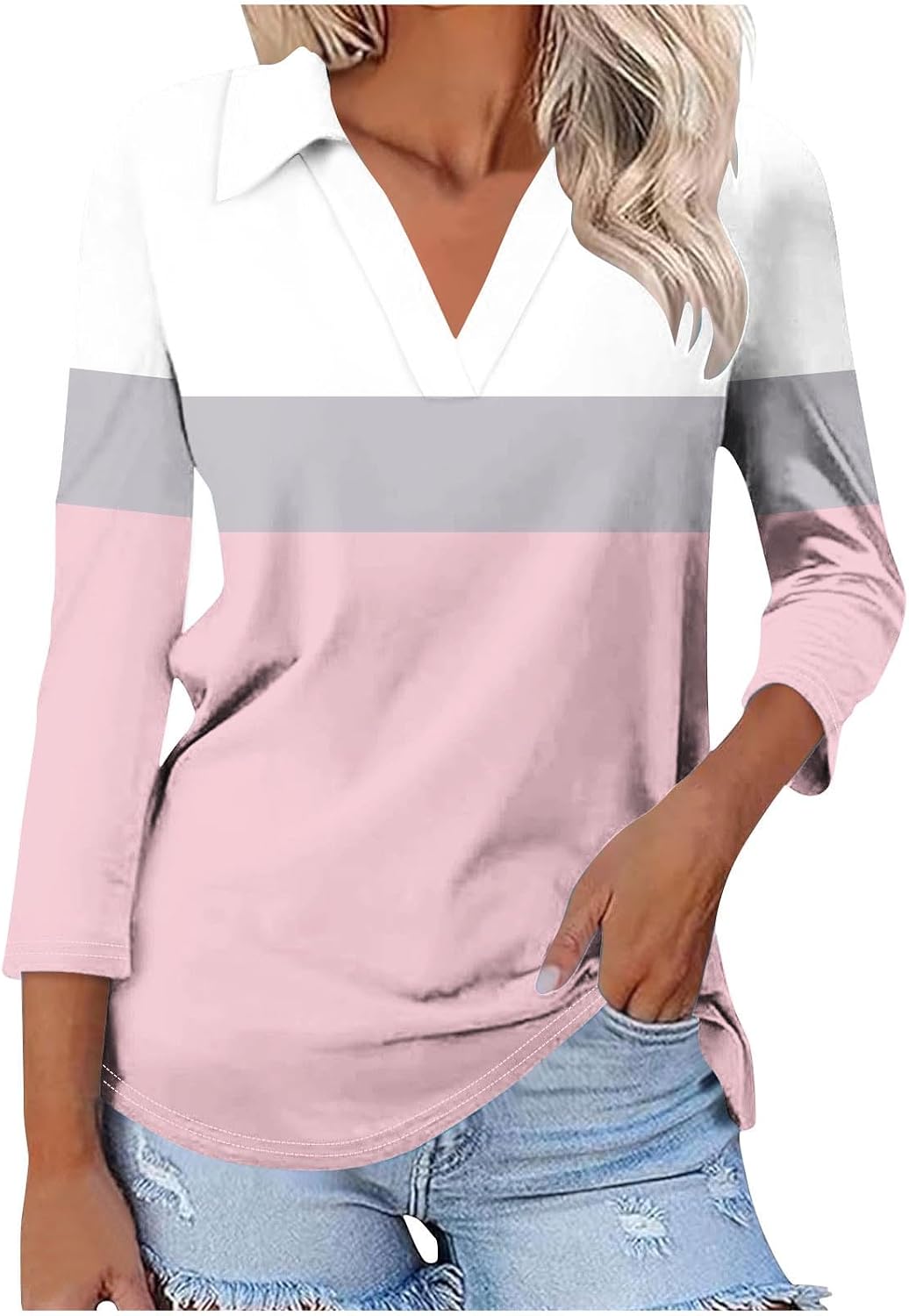 Casual Color Block Tunic Tops for Women V Neck Loose Fit Blouse Summer Shirts Cute Stretch 3/4 Sleeve Tees