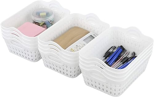 Sandmovie Pequeñas cestas de almacenamiento de tejido de plástico, cestas de escritorio, color blanco, 12 paquetes