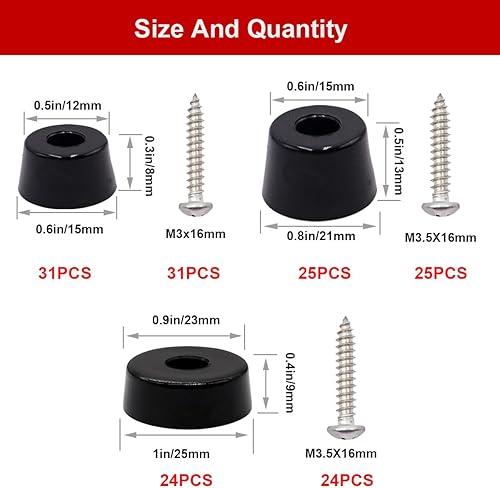 Miniatura 2 de smseace 160 pies de goma negros (3 tamaños) para tabla de cortar, junta y tornillos de acero inoxidable integrados. Pies de goma suaves y