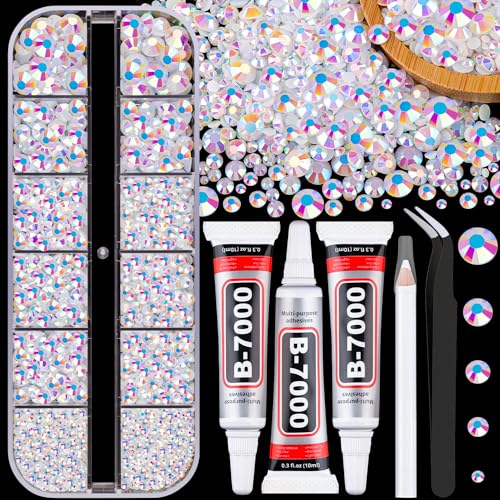 Image of Resin Jelly Rhinestones for Crafting with B7000 Jewelry Glue, 1 Box White AB Flatback Crystal with 3Pcs 10ml Glue, Bedazzling Non Hotfix Gems for DIY Tumblers Clothing Shoes Manicure