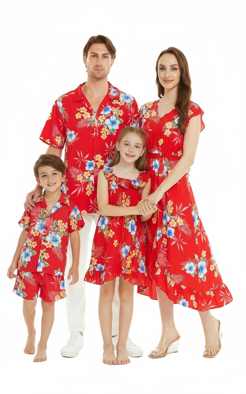 Matchable Family Hawaiian Luau Men Women Girl Boy Clothes in Hibiscus Red