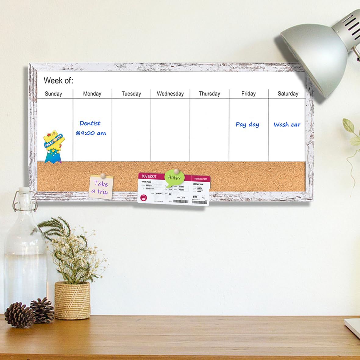 Pizarra blanca magnética semanal de borrado en seco y tablero de corcho, marco de madera blanca, superficie magnética pizarra blanca para el hogar, oficina y decoración de pared (ZHZL-3060WH)