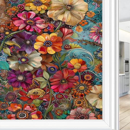 Vinilo Decorativo para Ventana Estilo Bohemio Flores Coloridas 23.6x35.4 pulg
