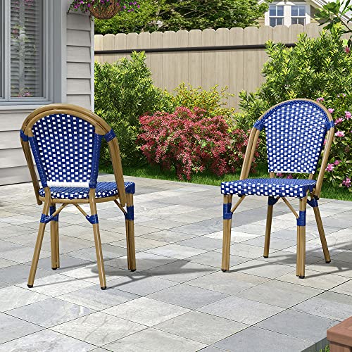 PURPLE LEAF Bistro Chair (Set of 2) French Hand-Woven Wicker Chairs for Outdoor Patio Porch Garden Indoor, Bamboo Print Finish, Dark Blue, Dining Chairs