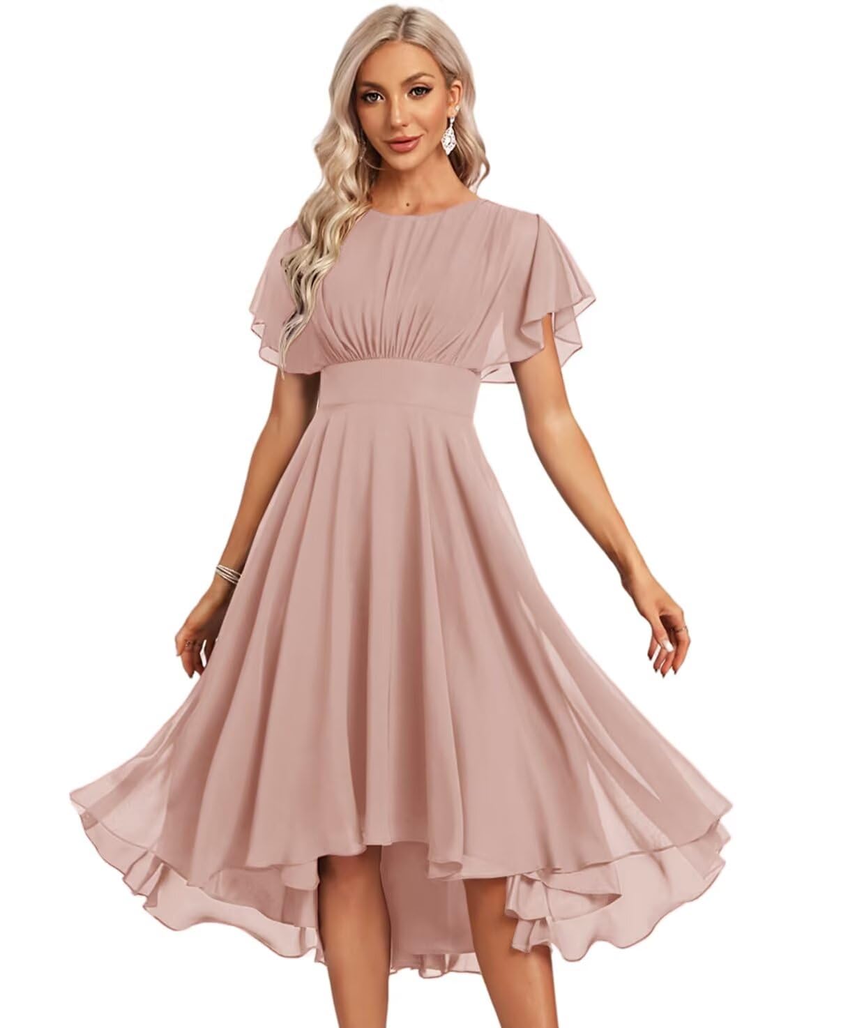 JAKIPPY Women's Chiffon Bridesmaid Dresses Short Crew Neck Flutter Sleeves Prom Dress for Evening Party